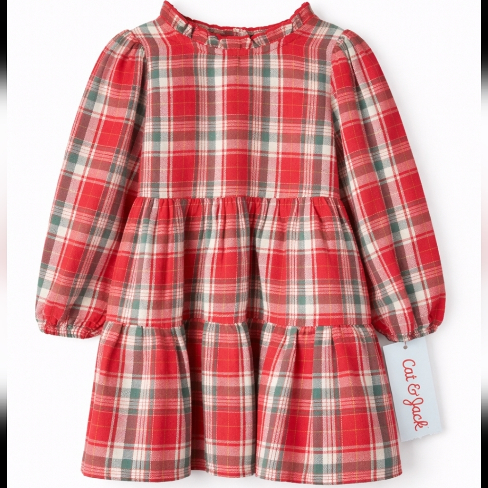 NWT Cat & Jack Red Plaid Long Sleeve Tiered Dress | Size 2T